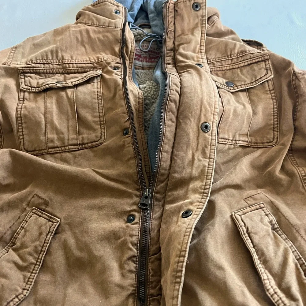 Levis Field Jacket Men L Brown Military Sherpa Lined Hooded Canvas Utility Coat